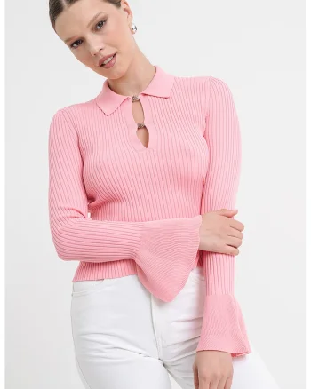 Pulover cu striatii si maneci evazate, Roz pastel