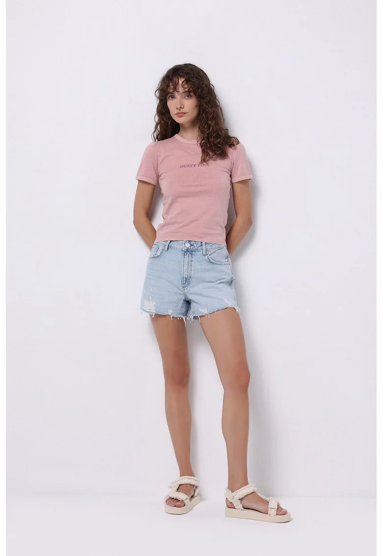 Blugi scurti din denim cu talie medie, Albastru pastel
