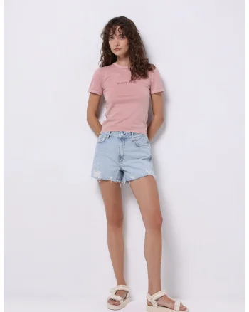 Blugi scurti din denim cu talie medie, Albastru pastel