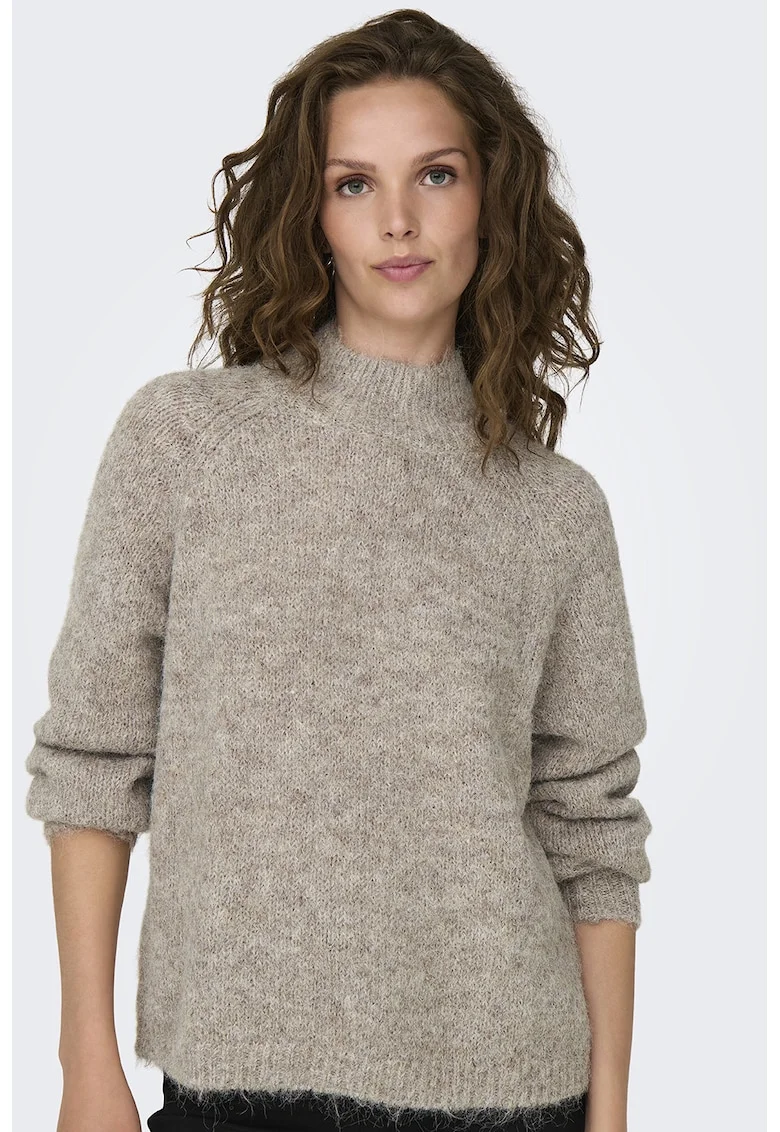 Pulover din amestec de lana cu guler inalt, Maro taupe