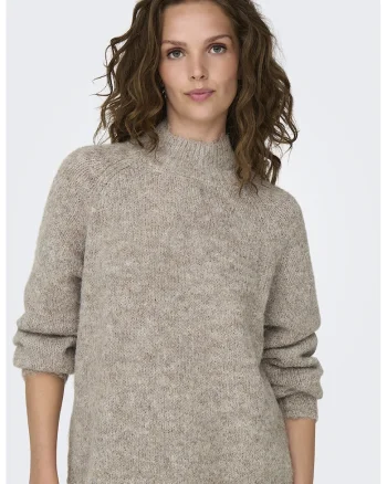 Pulover din amestec de lana cu guler inalt, Maro taupe