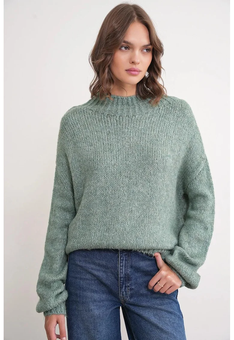 Pulover gros tricotat,  croiala relaxata, verde salvie, tricot, One Size