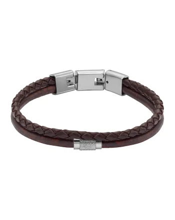 Bratara de piele cu doua siraguri impletite, Maro inchis/Argintiu