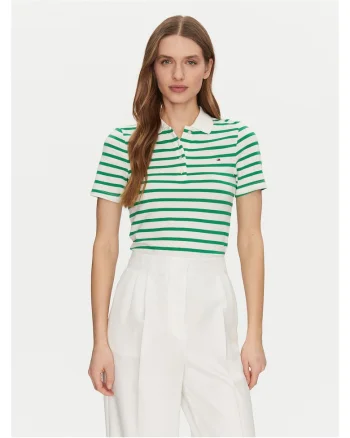 Tricou dama,  Verde/Alb, Dungi, Polo
