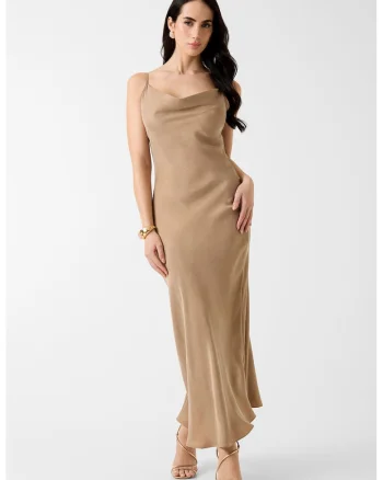 Rochie din amestec de lyocell cu decolteu drapat, Maro camel