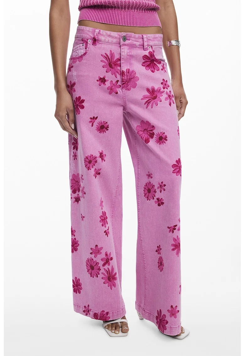 Blugi cu croiala dreapta si imprimeu floral, Fucsia/Roz