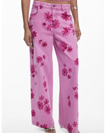 Blugi cu croiala dreapta si imprimeu floral, Fucsia/Roz