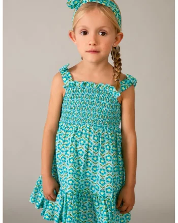 Rochie cu model floral si bentita, Verde/Galben