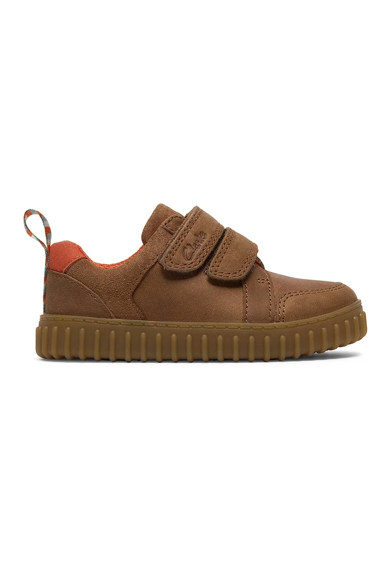 Pantofi sport din piele si piele intoarsa cu inchidere cu barete velcro Cove, Maro scortisoara/Portocaliu stins