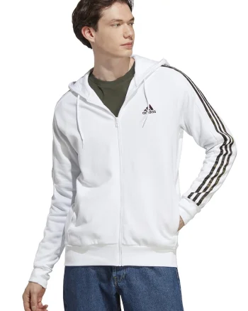 Hanorac din bumbac cu fermoar Essentials 3-Stripes, Alb