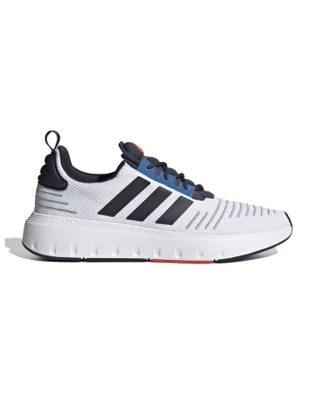 Pantofi sport unisex tricotati cu detalii striate Swift Run, Alb/Negru/Albastru