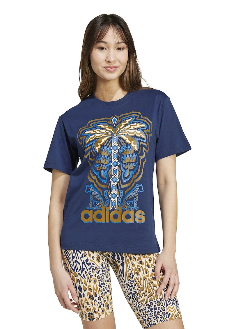 Tricou cu decolteu la baza gatului si imprimeu, Auriu/Albastru