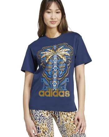 Tricou cu decolteu la baza gatului si imprimeu, Auriu/Albastru