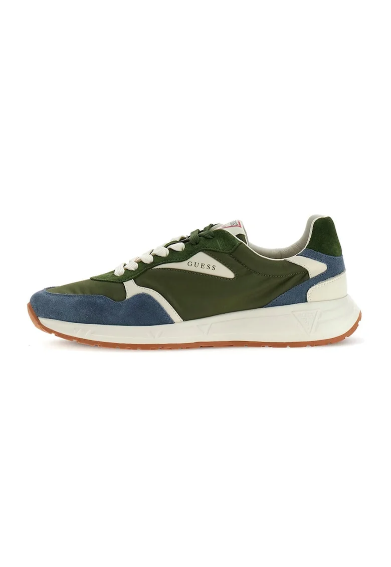Pantofi sport din material textil cu insertii din piele intoarsa si model colorblock, Albastru inchis/Verde englez/Bej deschis
