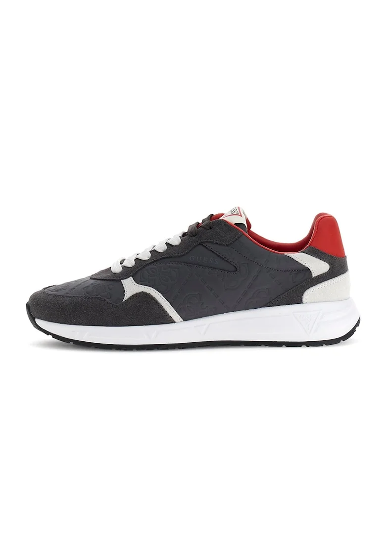 Pantofi sport din piele si piele intoarsa cu model monograma, Alb/Gri inchis