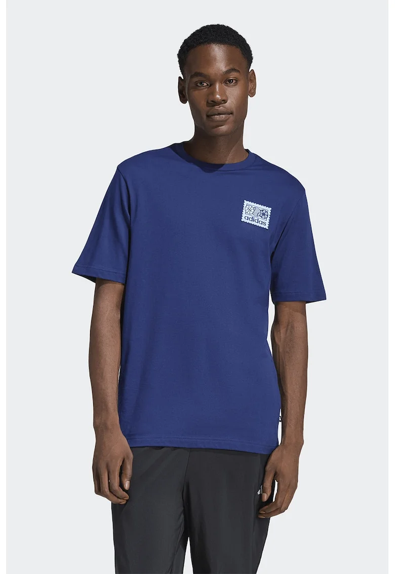 Tricou de bumbac cu aplicatie pe piept Mos, Albastru inchis