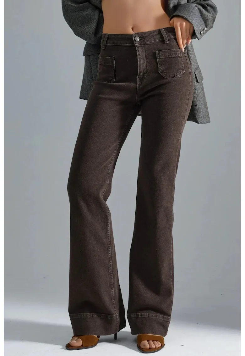 Blugi dama,  High Waist Flare, talie inalta, picior larg, maro cafeniu, denim