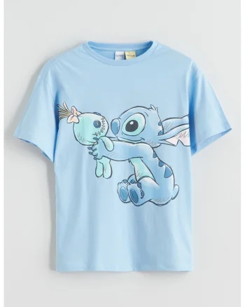 Tricou din bumbac cu imprimeu cu Stitch, Albastru pastel