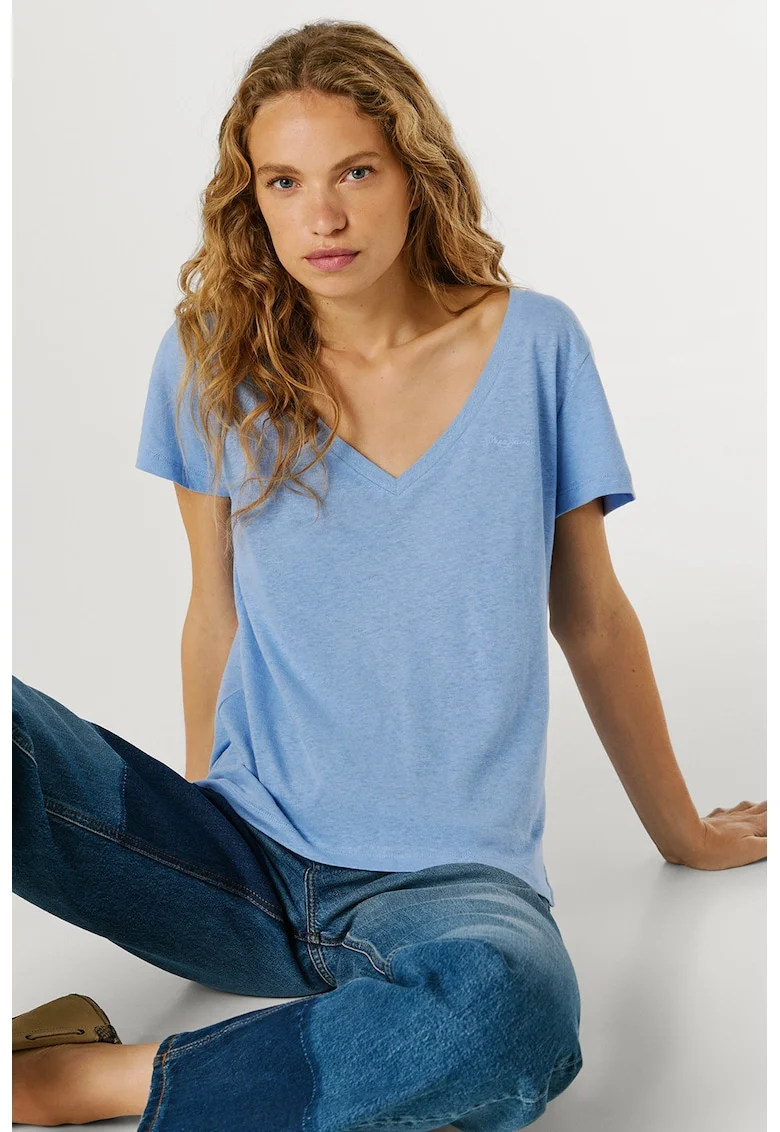 Tricou din bumbac si in cu decolteu in V, Albastru azur