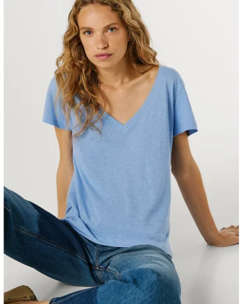 Tricou din bumbac si in cu decolteu in V, Albastru azur
