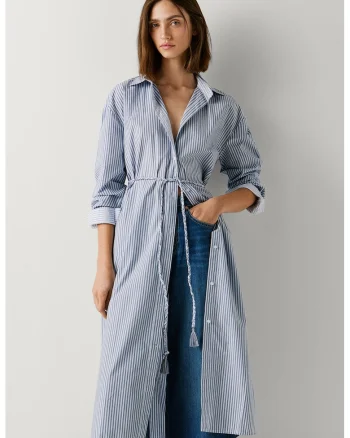 Rochie-camasa cu inchidere cu cordon si dungi, Alb/Albastru