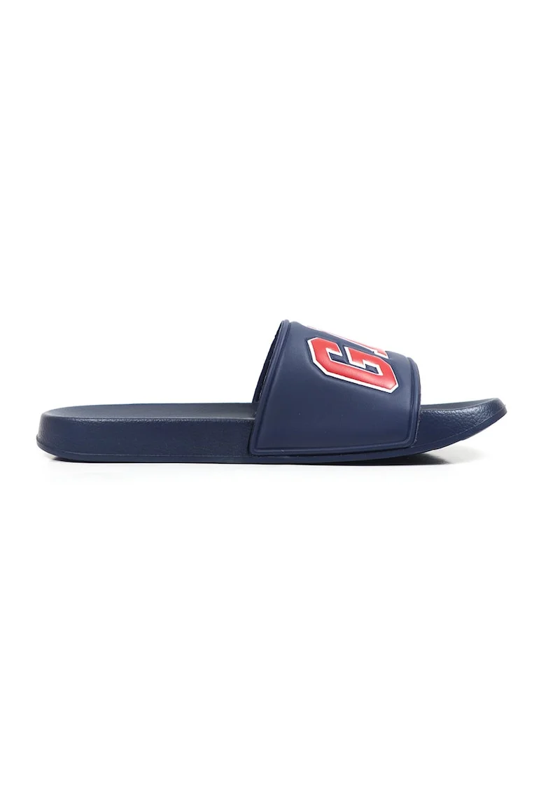 Papuci de piele ecologica cu logo, Rosu/Alb/Bleumarin