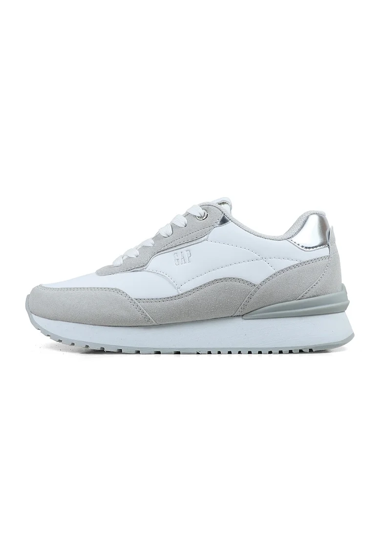 Pantofi sport de piele ecologica cu detalii cu aspect metalizat, Alb/Gri deschis/Argintiu