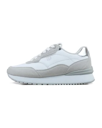 Pantofi sport de piele ecologica cu detalii cu aspect metalizat, Alb/Gri deschis/Argintiu
