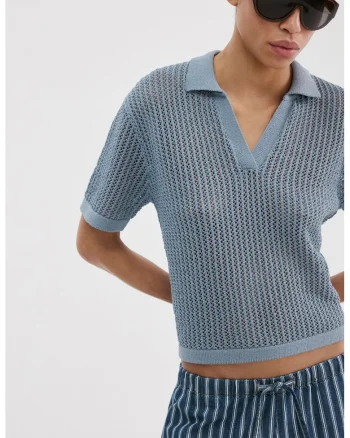 Tricou tricotat cu guler polo, Albastru lavanda