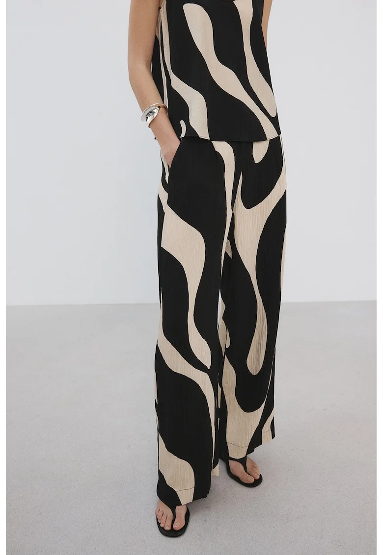 Pantaloni cu croiala dreapta si model, Alb fildes/Negru