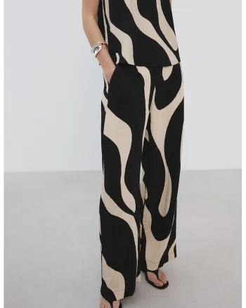 Pantaloni cu croiala dreapta si model, Alb fildes/Negru