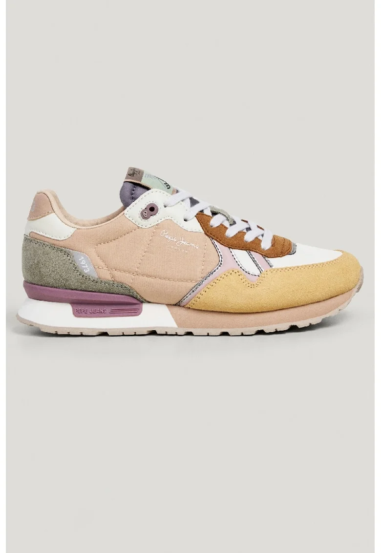 Pantofi sport colorblock cu insertii de piele intoarsa, Alb/Maro scortisoara/Galben pal/Maro nisip