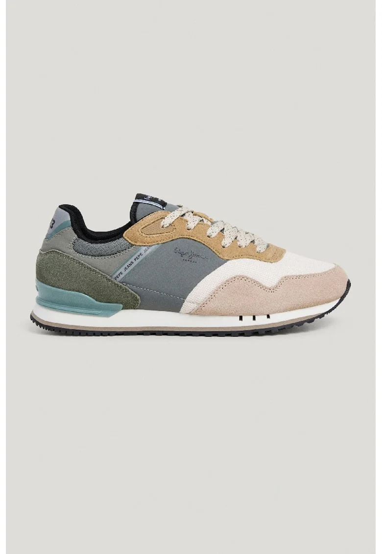 Pantofi sport de piele ecologica cu insertii de material textil, Alb/Negru/Albastru prafuit/Verde sparanghel
