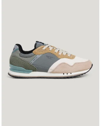 Pantofi sport de piele ecologica cu insertii de material textil, Alb/Negru/Albastru prafuit/Verde sparanghel