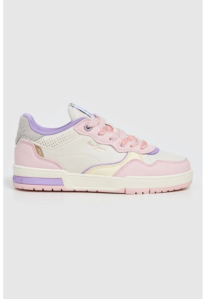 Pantofi sport de piele ecologica cu perforatii, Roz pastel/Lila/Alb murdar