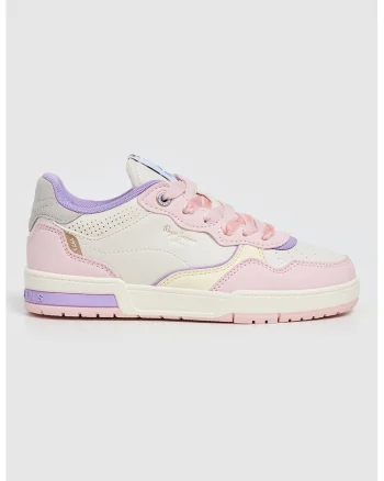 Pantofi sport de piele ecologica cu perforatii, Roz pastel/Lila/Alb murdar