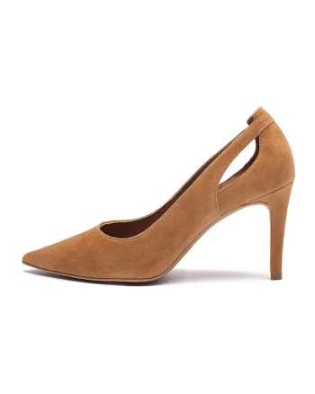 Pantofi din piele intoarsa cu toc stiletto si decupaje Phoebe, Caramel