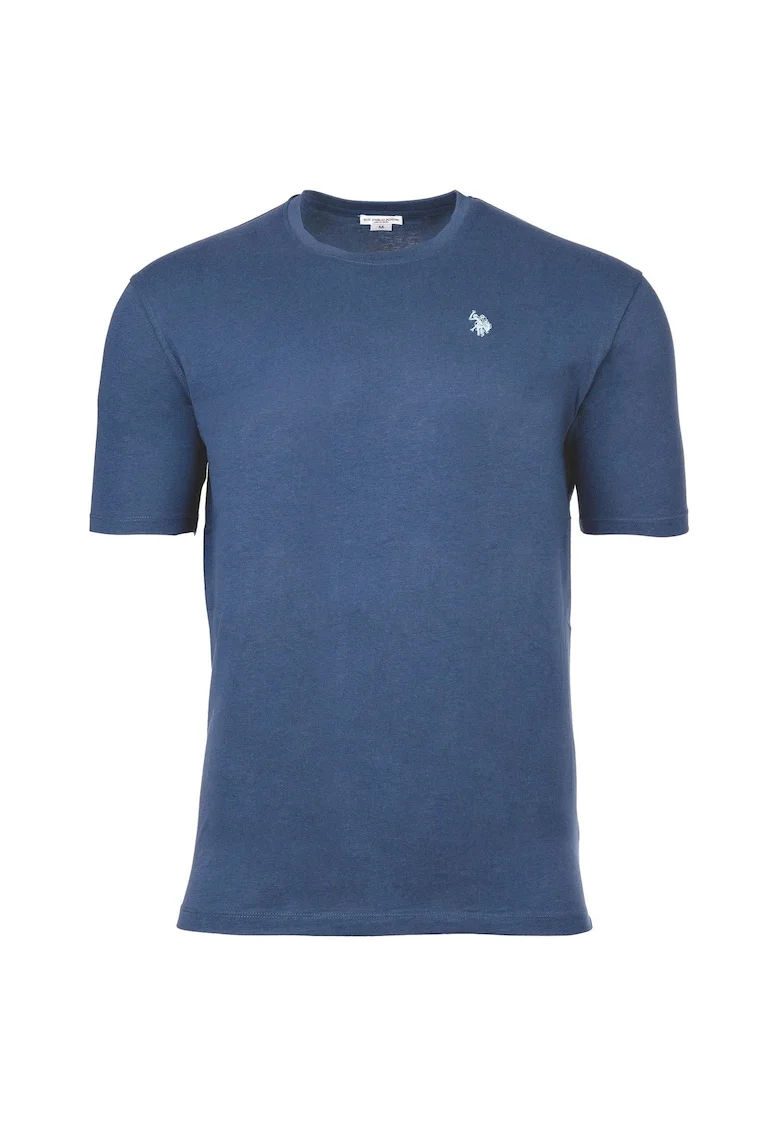 Tricou de bumbac cu decolteu la baza gatului si logo discret, Albastru deschis