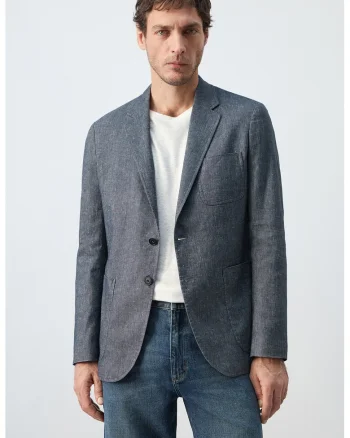 Sacou slim-fit din amestec de in, Albastru inchis melange