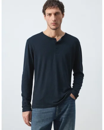 Bluza din amestec de in cu fenta cu nasturi, Bleumarin
