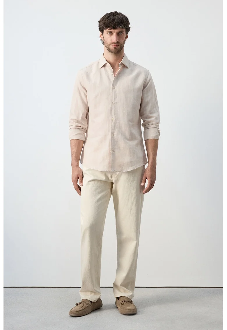 Camasa slim-fit din amestec de in cu dungi, Roz somon