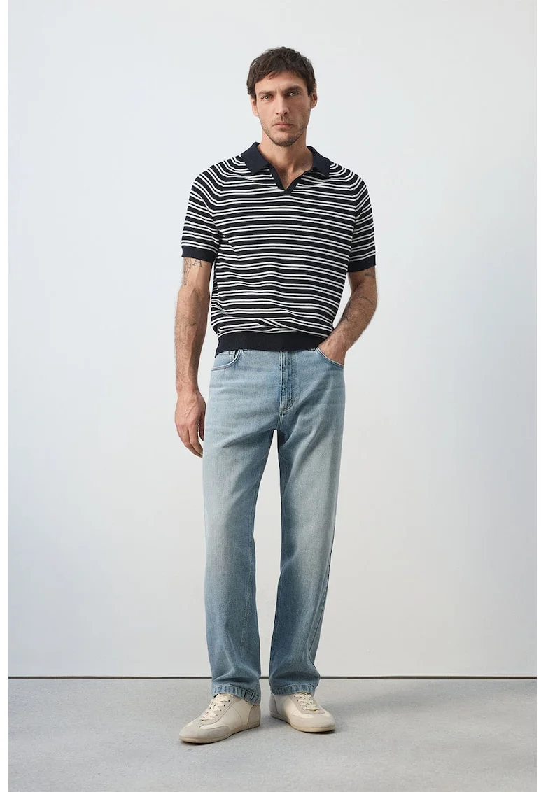 Tricou polo de bumbac cu model in dungi, Alb/Bleumarin