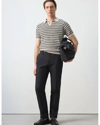 Tricou polo de bumbac cu model in dungi, Negru/Bej deschis