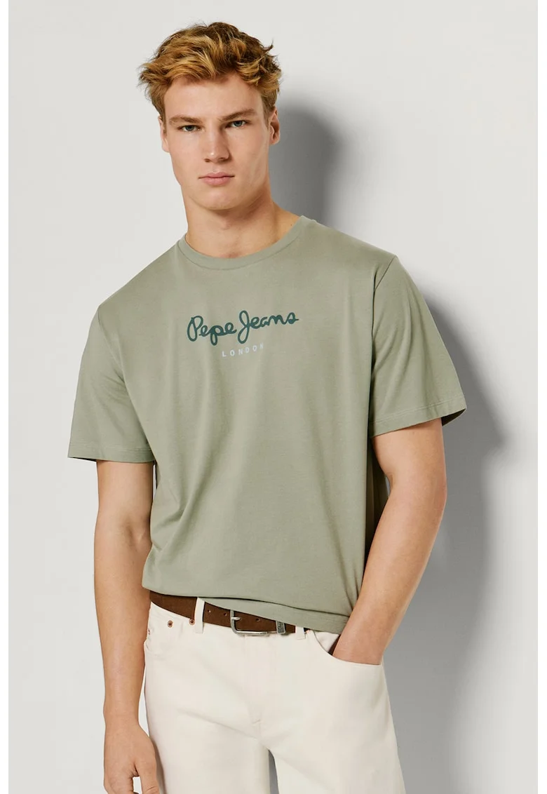 Tricou din bumbac cu imprimeu logo, Kaki deschis/Verde englez