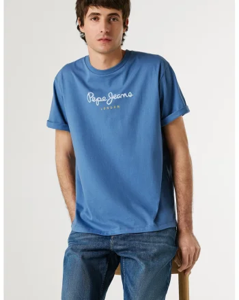 Tricou din bumbac cu imprimeu logo, Alb/Albastru cobalt