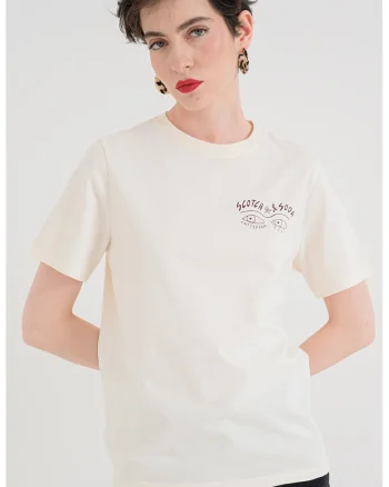 Tricou cu decolteu rotund si logo, Visiniu/Bej deschis