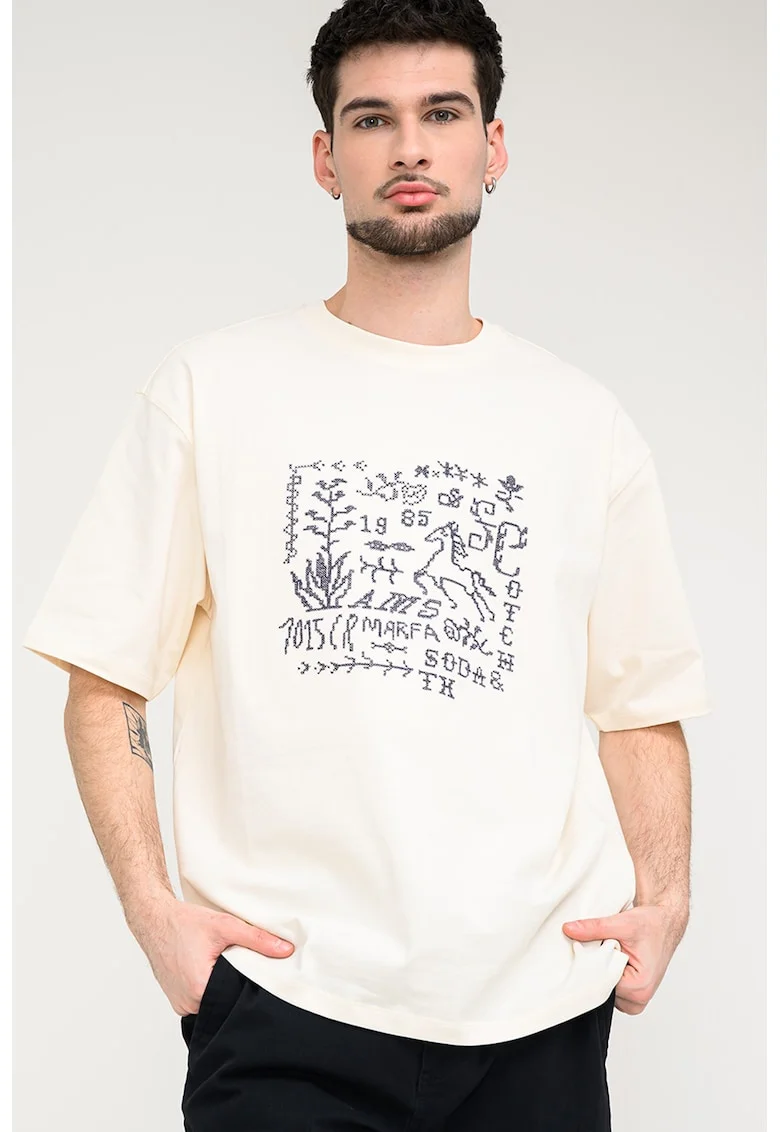 Tricou cu imprimeu grafic, Negru/Bej deschis