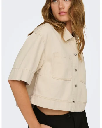 Camasa crop din amestec de bumbac, Maro nisip