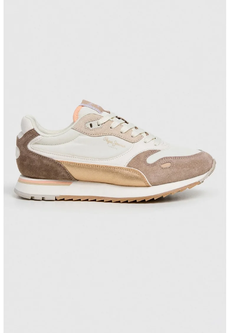 Pantofi sport de piele intoarsa cu insertii din material sintetic, Caramel/Alb murdar/Maro pamantiu