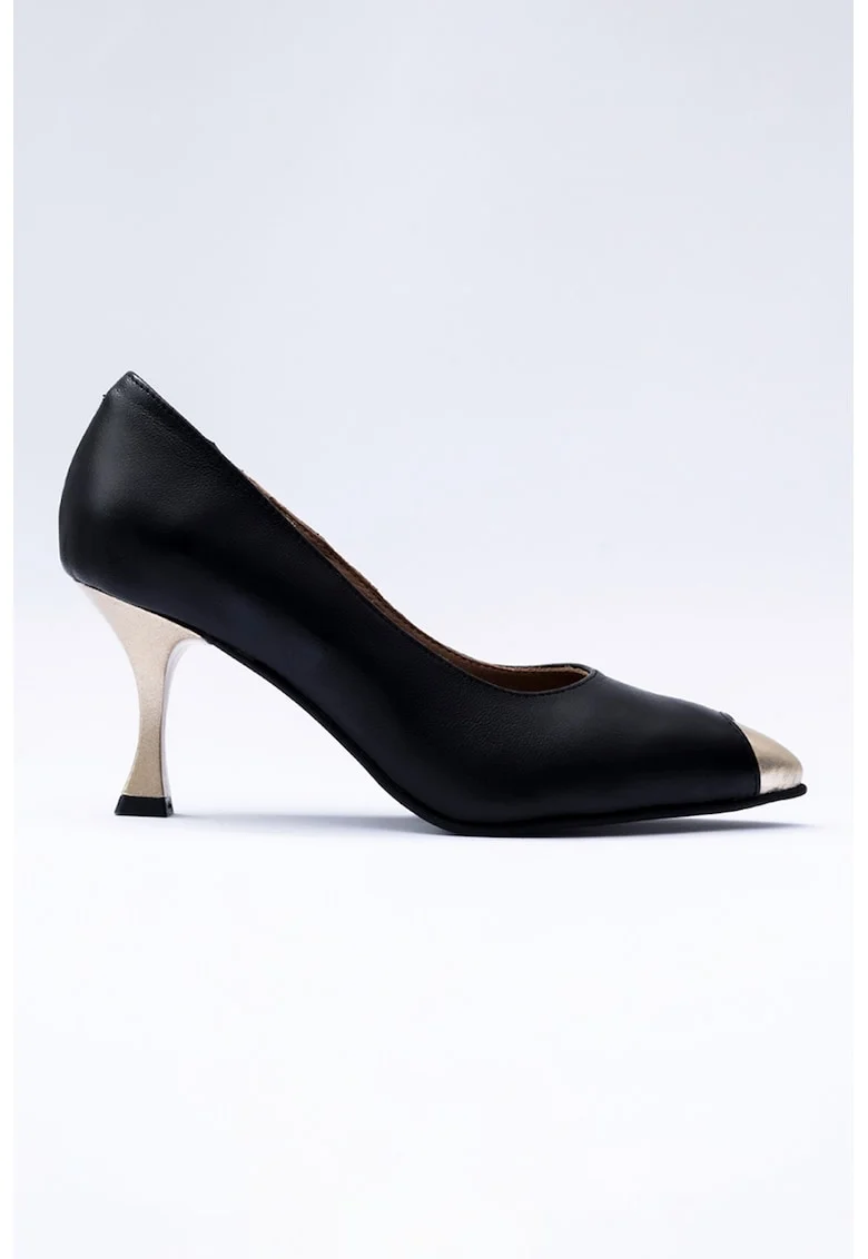 Pantofi din piele cu varf ascutit si detalii cu aspect metaliuzat, Auriu/Negru